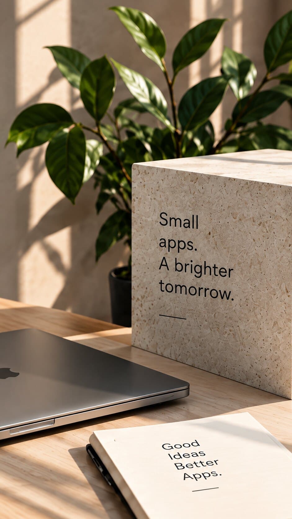A desk scene with a plant, laptop, a stone block reading 'Small apps. A brighter tomorrow.' and a notebook reading 'Good Ideas Better Apps.'